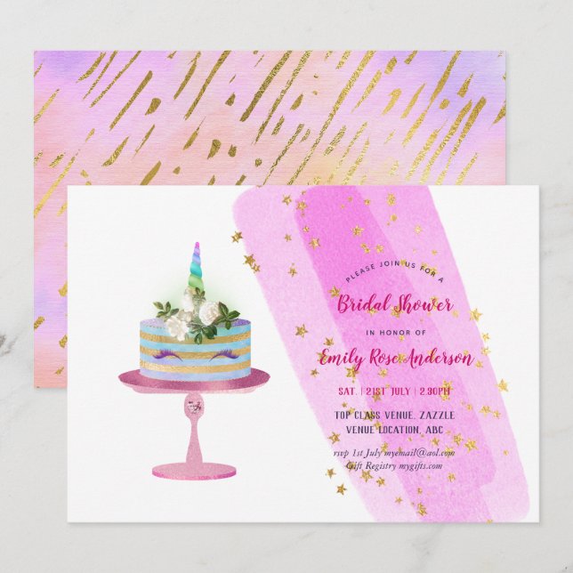 Glitter Foil Look UNICORN CAKE Girls Party ANY Invitation (Front/Back)