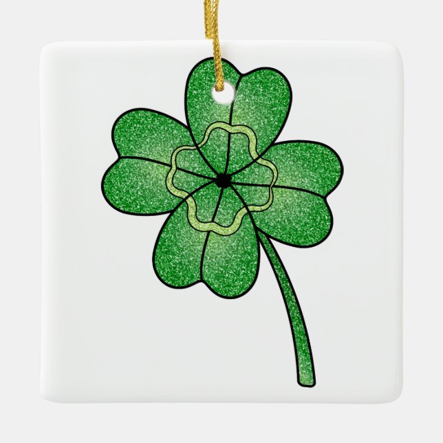Glitter Four Leaf Clover Ceramic Ornament (Front)