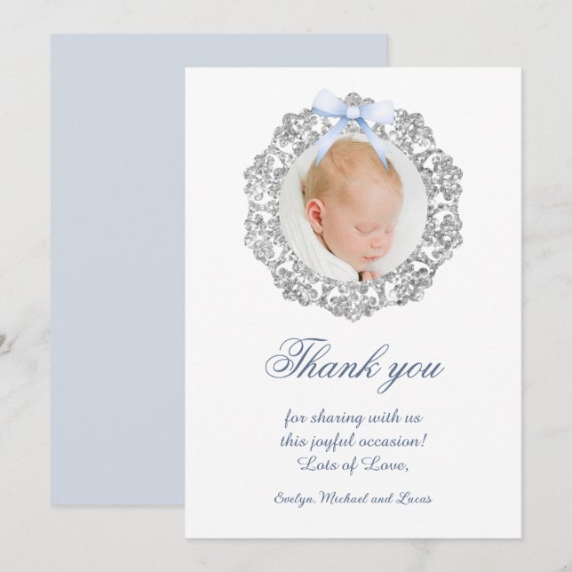 Glitter Frame Blue Bow Baptism Thank You Card (Front/Back)