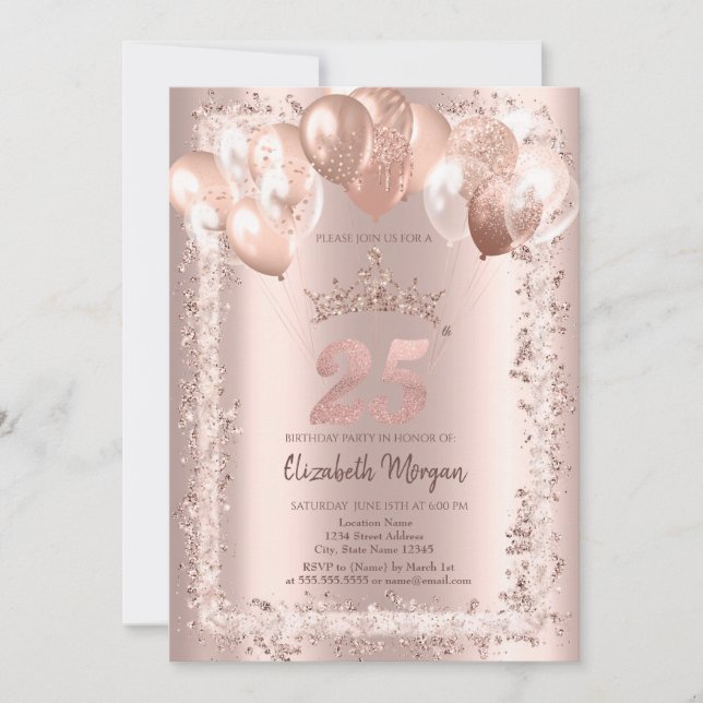 Glitter Frame,Crown,Balloons 25th Birthday Invitation (Front)