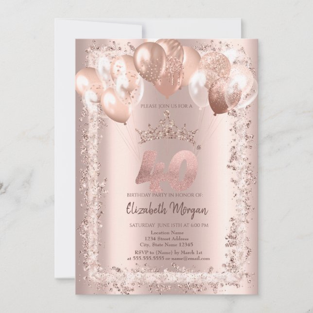 Glitter Frame,Crown,Balloons 40th Birthday Invitation (Front)