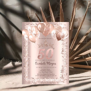 Glitter Frame,Crown,Balloons 50th Birthday Invitation
