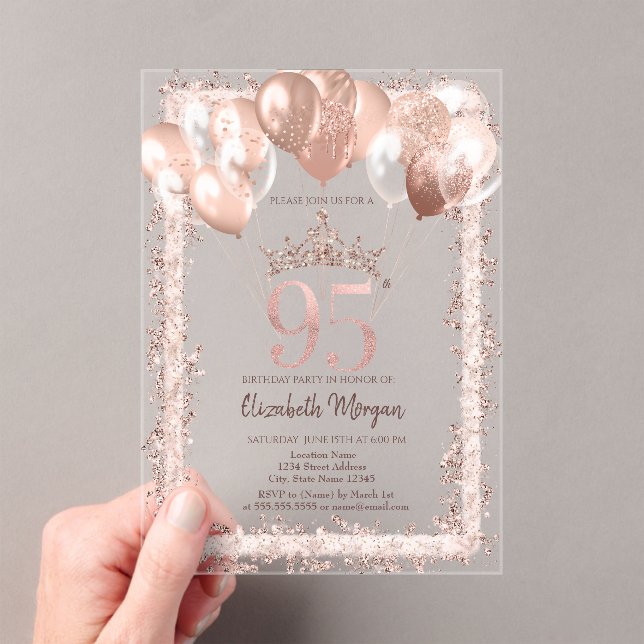 Glitter Frame,Crown,Balloons 95th Birthday Acrylic Invitations (Insitu (Handheld))