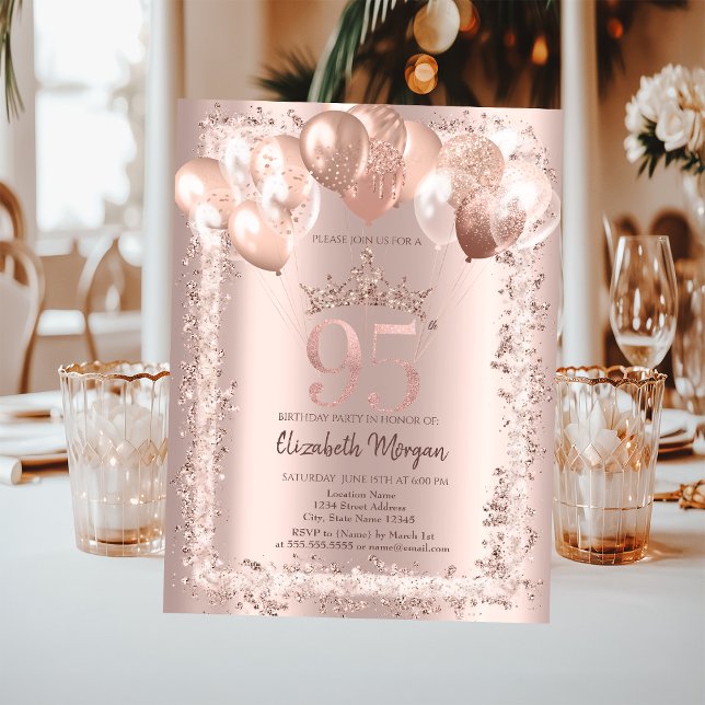 Glitter Frame,Crown,Balloons 95th Birthday Invitation (Creator Uploaded)