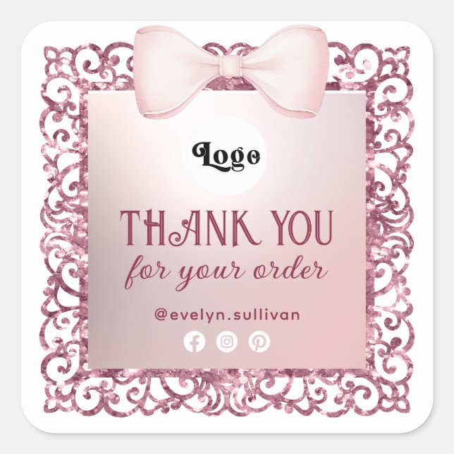 Glitter Frame Pink Bow Thank You Logo Sticker (Front)