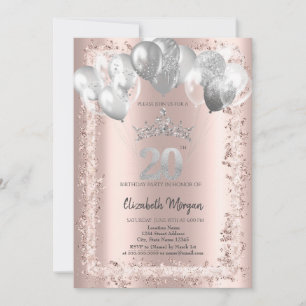 Glitter Frame,Silver Crown,Balloons 20th Birthday Invitation
