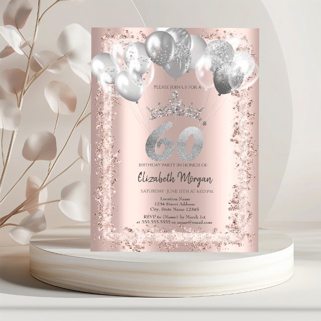 Glitter Frame,Silver Crown,Balloons 60th Birthday Invitation (Creator Uploaded)