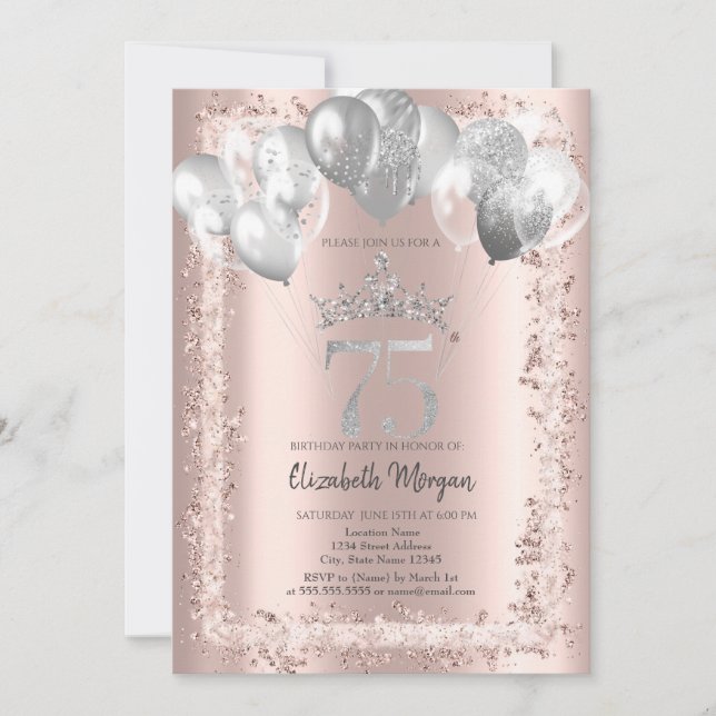 Glitter Frame,Silver Crown,Balloons 75th  Invitation (Front)