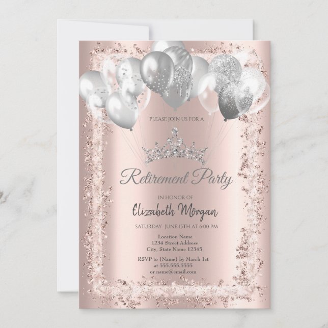 Glitter Frame Silver Crown Balloons Retirement Invitation (Front)