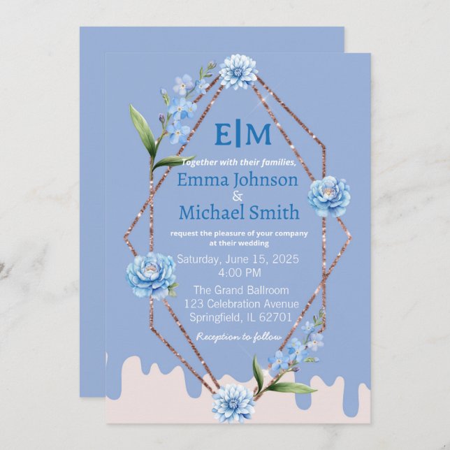 Glitter Frame with Flowers  wedding invitations (Front/Back)