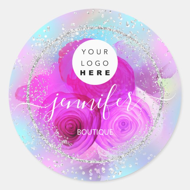 Glitter Framed Silver Pink Roses Blue  Classic Round Sticker (Front)