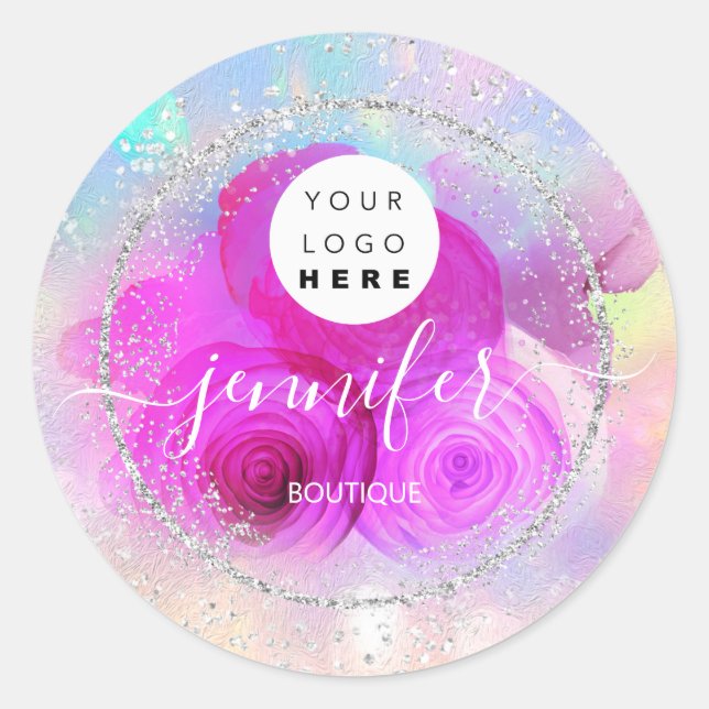 Glitter Framed Silver Pink Roses Glitter Classic Round Sticker (Front)