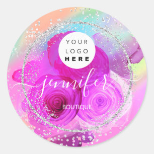 Glitter Framed Silver Pink Roses Glitter Frame Classic Round Sticker