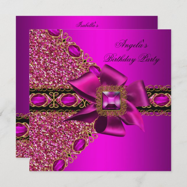 Glitter Fuchsia Pink Jewel Birthday Party Invitation (Front/Back)