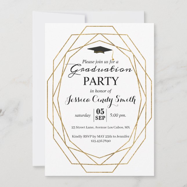 Glitter Geometric Frame Photo Graduation Party Invitation (Front)