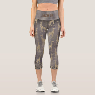 Glitter Giraffe on Glossy Grey Personalised Capri Leggings
