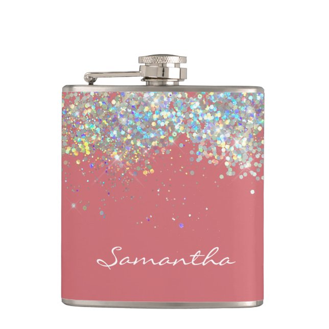 Glitter Girly Custom Name Monogram Hip Flask (Front)
