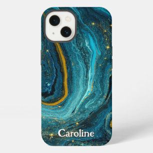 Glitter girly Marble Art Blue Gold Monogram iPhone 13 Case