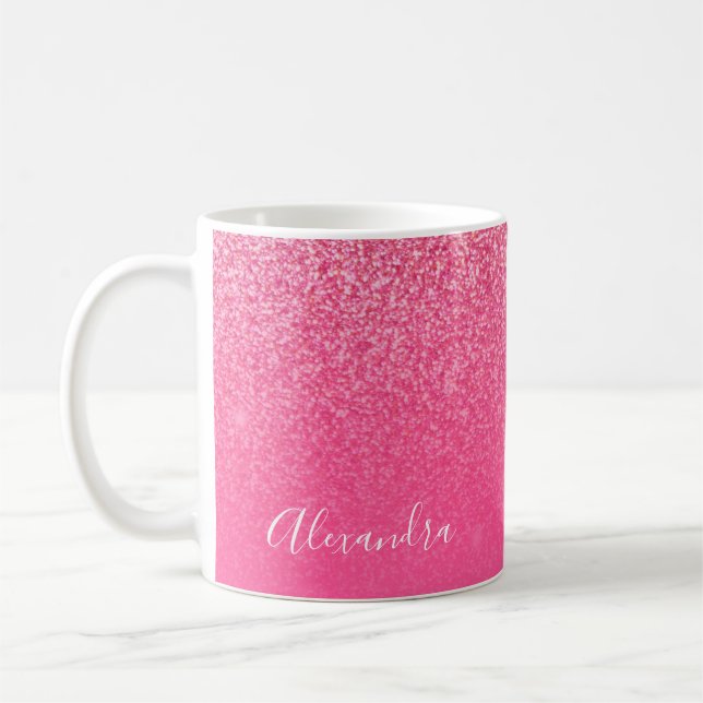 Glitter Girly Sparkly Rose Pink Script Name Custom Coffee Mug (Left)