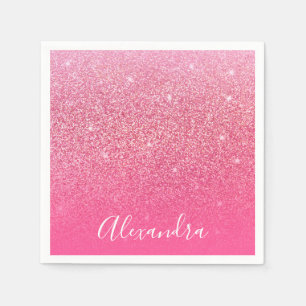 Glitter Girly Sparkly Rose Pink Script Name Custom Napkin