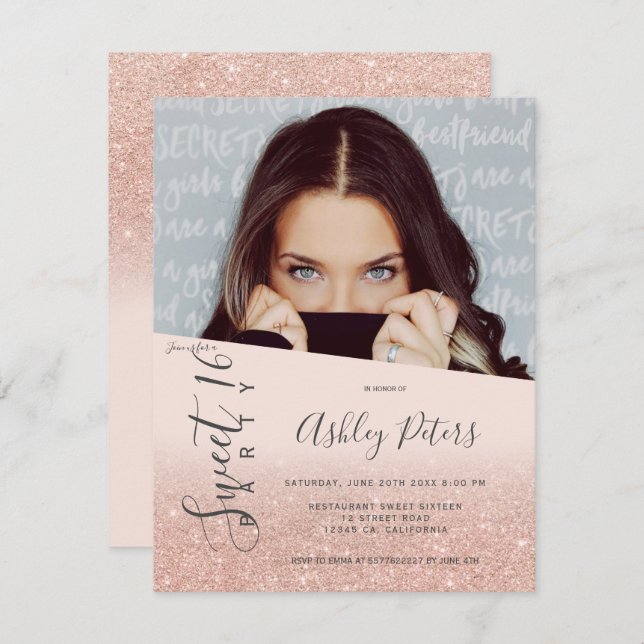 Glitter girly typography blush photo Sweet 16 Invitation (Front/Back)
