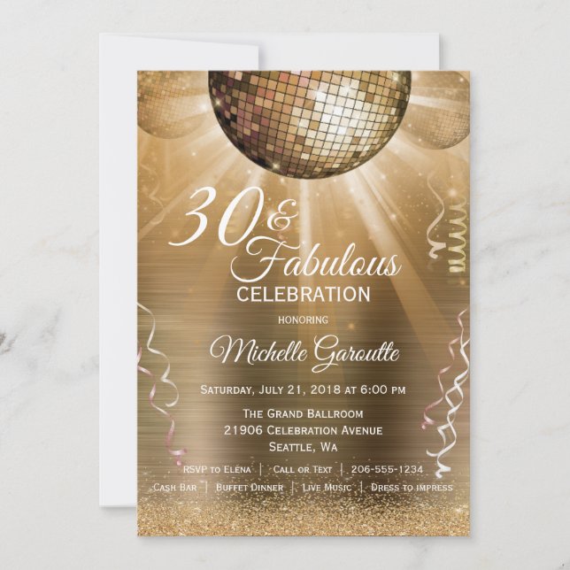 Glitter Glam 30 and Fabulous Gold Disco Ball Invitation (Front)
