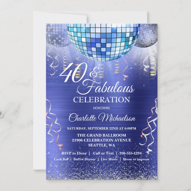 Glitter Glam 40th Birthday Blue Disco Ball Invitation (Front)