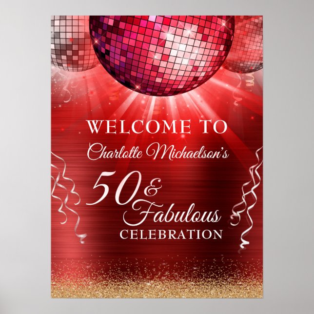 Glitter Glam 50 & Fabulous Red Disco Ball Poster (Front)