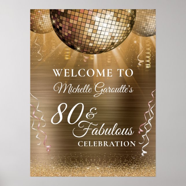 Glitter Glam 80 & Fabulous Gold Disco Ball Poster (Front)