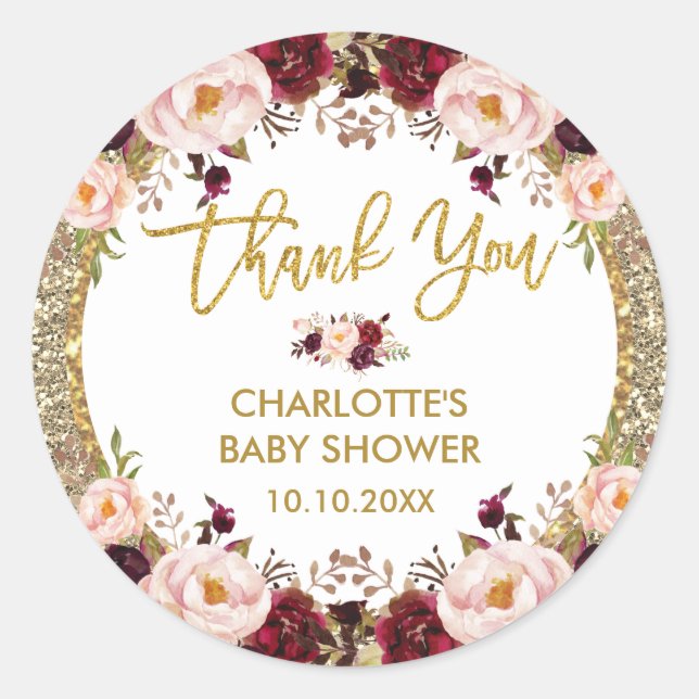 Glitter Glam Burgundy Blush Floral Baby Shower Classic Round Sticker (Front)