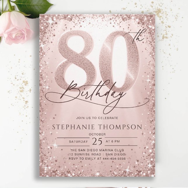 Glitter Glam Calligraphy Rose Gold 80th Birthday Invitation (80th birthday invitation for women her glitter sparkle rose gold elegant glam calligraphy)