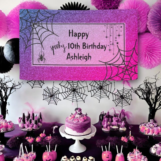 Glitter Glam Pink Purple Spider Halloween Birthday Banner (Creator Uploaded)