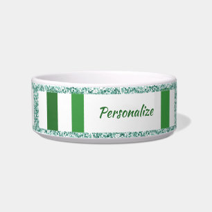Glitter Glam Silver Green Stripe Pattern Cat Dog Bowl
