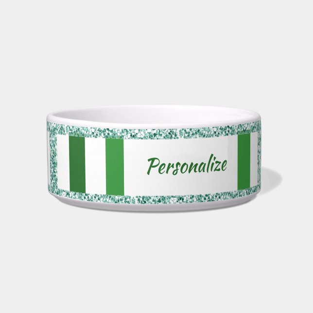 Glitter Glam Silver Green Stripe Pattern Cat Dog Bowl (Front)