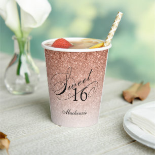 Glitter Glam Sweet 16 Rose Gold Personalised Paper Cups
