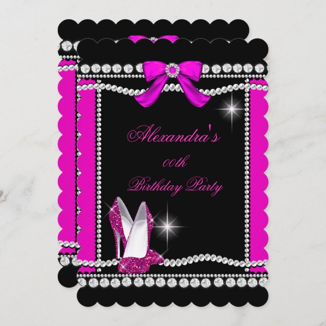 Glitter Glamour Black Hot Pink High Heels Birthday Invitation (Front/Back)