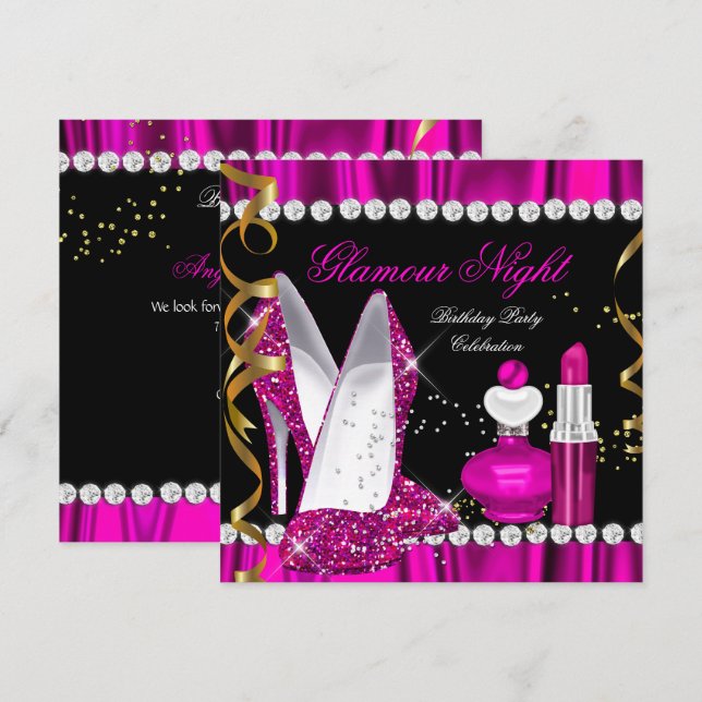Glitter Glamour Night Deep Pink Gold Black Party 2 Invitation (Front/Back)