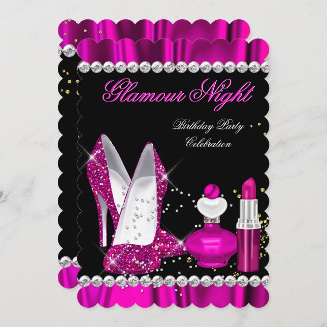 Glitter Glamour Night Deep Pink Gold Black Party b Invitation (Front/Back)