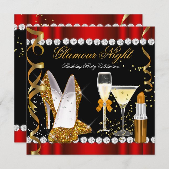 Glitter Glamour Night Red Gold Black Party Invitation (Front/Back)