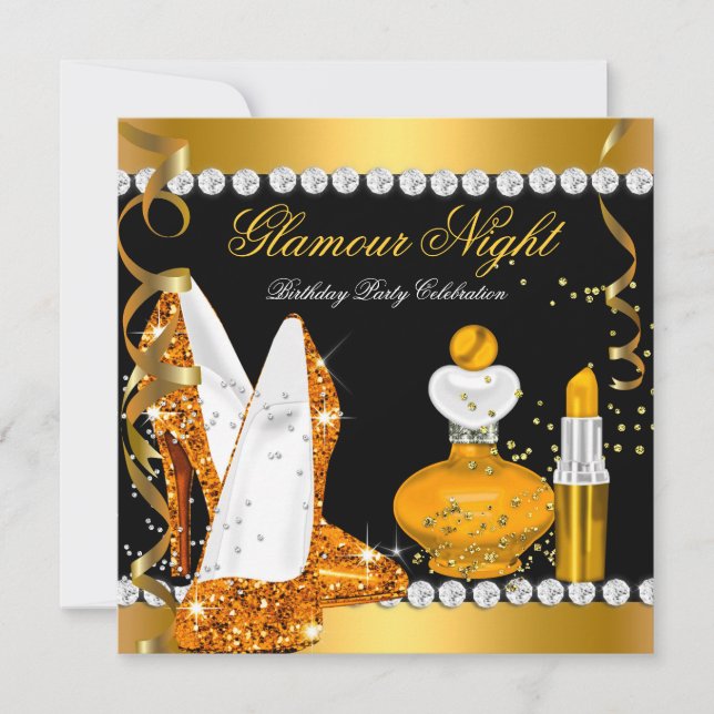 Glitter Glamour Night Yellow Gold Black Party Invitation (Front)