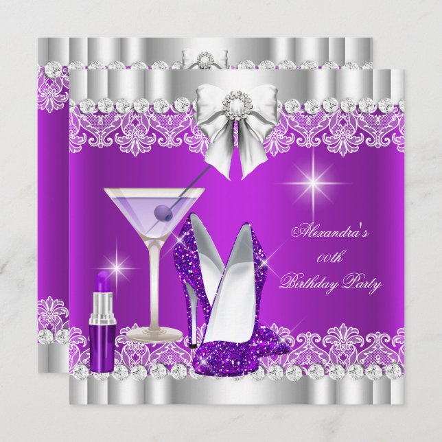 Glitter Glamour Purple Hi Heels Lipstick Martini Invitation (Front/Back)