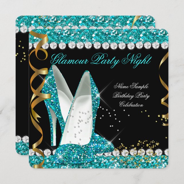 Glitter Glamour Teal aqua Gold Black Party Invitation (Front/Back)