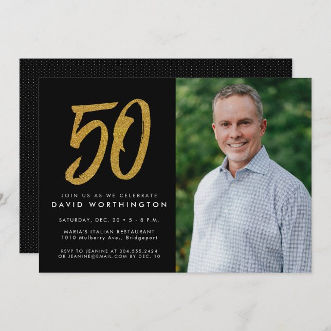 Glitter gold 50th birthday party photo invitation (Front/Back)