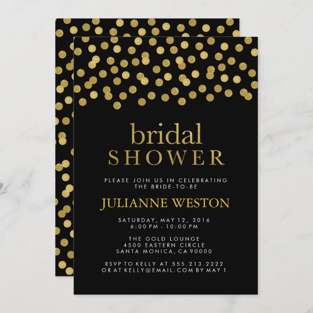 Glitter Gold and Black Confetti Bridal Shower Invitation (Front/Back)