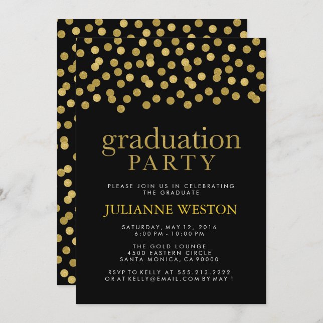 Glitter Gold and Black Confetti Graduation Party Invitation (Front/Back)
