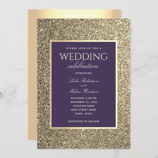 Glitter Gold And Purple Wedding Invitation (Front/Back)