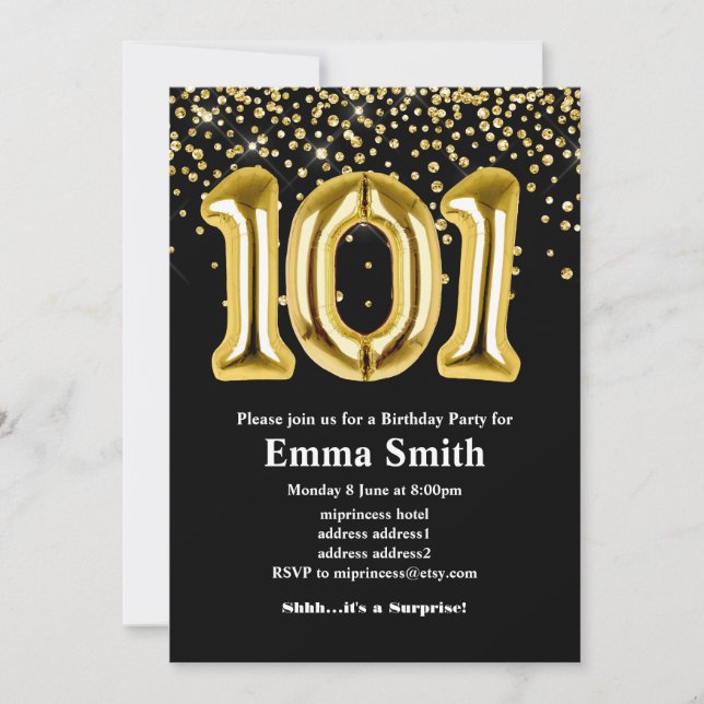 glitter gold balloon for 101th birthday party  invitation (Front)
