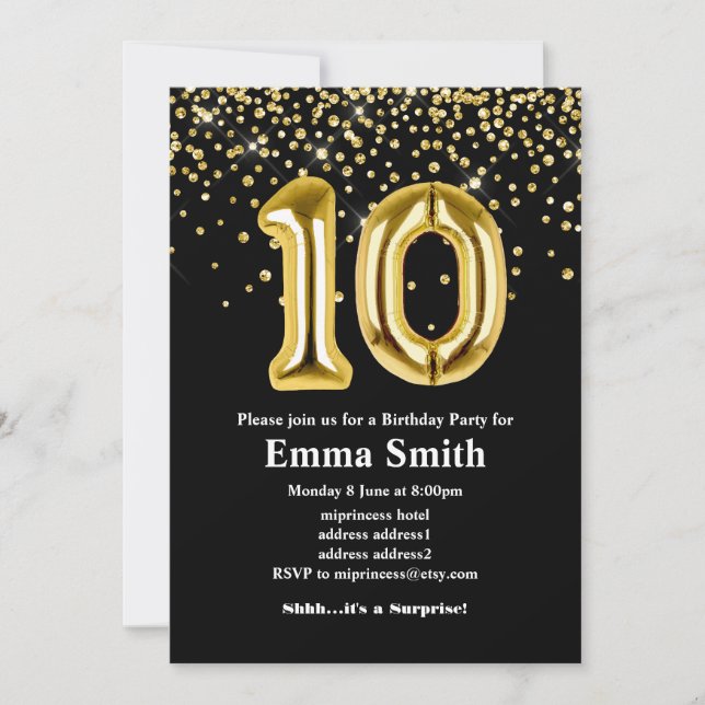 glitter gold balloon for 10th birthday party invitation (Front)