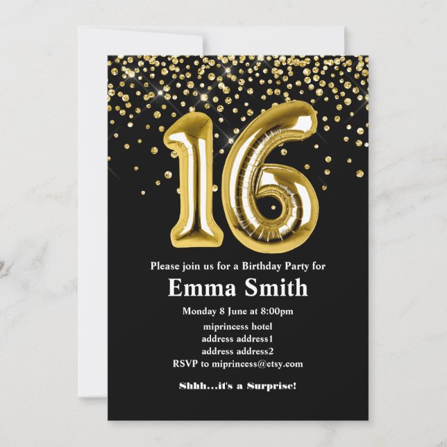 glitter gold balloon for 16th birthday party invitation (Front)