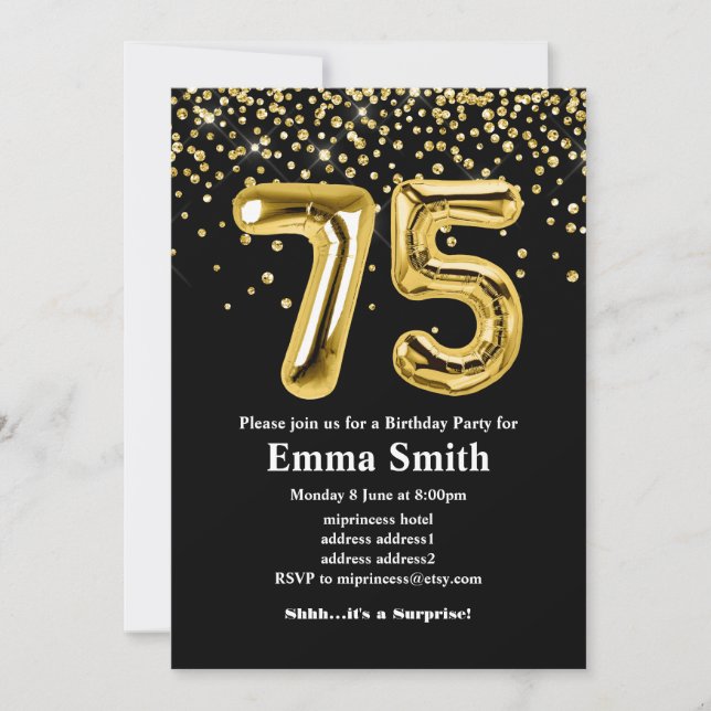 glitter gold balloon for 75th birthday party invitation (Front)
